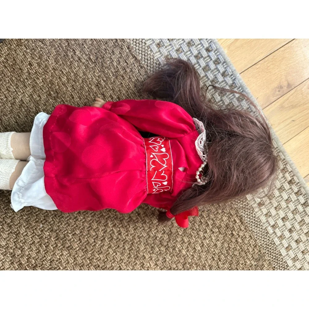 Vintage Wernicke German Doll Red Lace Heart‎ Dress Echt Leder Shoes Brown Hair